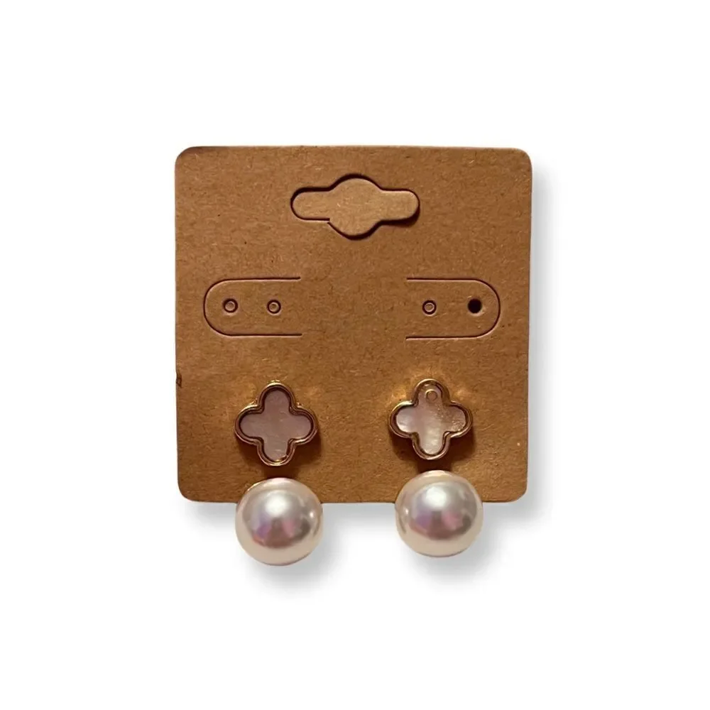 NEW Clover And Pearl Gold Tone Jacket Earrings